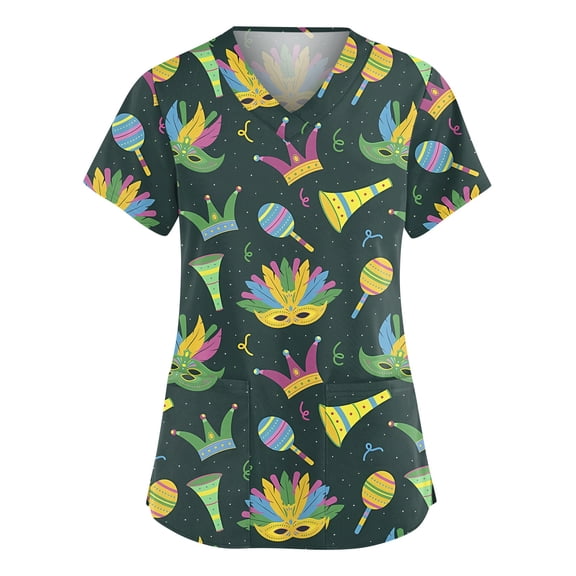 Mardi Gras Scrub Tops for Women Hoilday V Neck Funny Carnival Mask Graphic Scrub Shirts Loose Short Sleeve Scrubs Nursing Uniform Medical Nurse Workwear with Pockets Dark Green 4XL