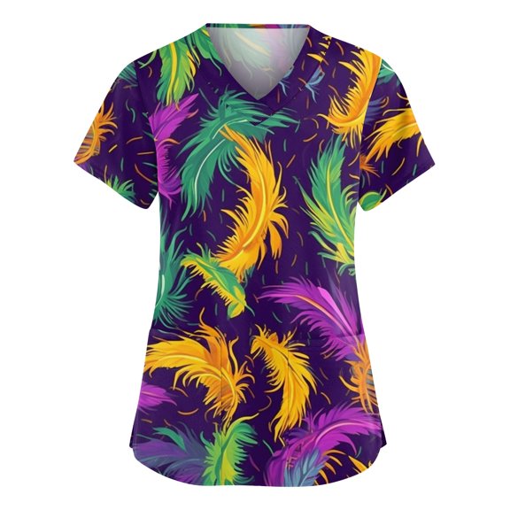 Mardi Gras Scrub Tops Women Hoilday V Neck Funny Carnival Mask Graphic Scrubs Loose Short Sleeve Scrub Shirts Nursing Uniform Medical Nurse Workwear with Pockets Light Purple 2XL