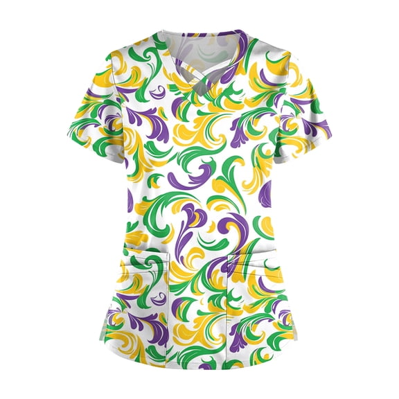 Mardi Gras Scrub Tops for Women Loose Short Sleeve Funny Carnival Mask Printed Scrub Shirts Hoilday Criss Cross V Neck Scrubs Medical Nurse Uniform Nursing Workwear with Pockets Yellow S
