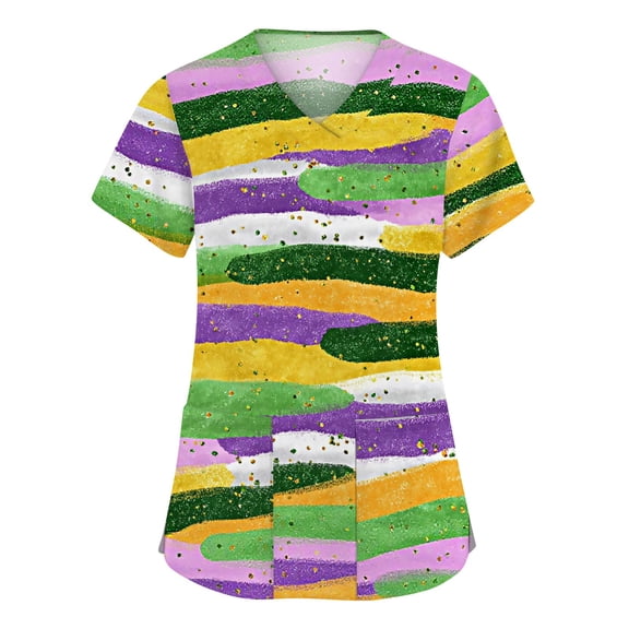 Mardi Gras Scrub Tops Women Loose V Neck Funny Carnival Mask Graphic Scrub Shirts Casual Short Sleeve Scrubs Medical Nurse Uniform Nursing Workwear with Pockets Orange XL