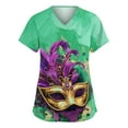 thumbnail image 1 of Mardi Gras Scrub Tops Women Plus Size Casual V Neck Funny Carnival Mask Graphic Scrub Shirts Hoilday Short Sleeve Scrubs Nursing Uniform Medical Nurse Workwear with Pockets Green 3XL, 1 of 4