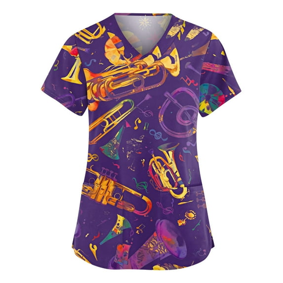 Mardi Gras Scrub Tops Women Plus Size Hoilday V Neck Funny Carnival Mask Graphic Scrub Shirts Loose Short Sleeve Scrubs Nursing Uniform Medical Nurse Workwear with Pockets Purple 4XL