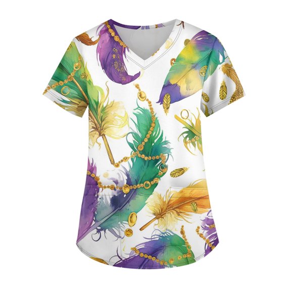 Mardi Gras Scrub Tops for Women Plus Size Loose Short Sleeve Funny Carnival Mask Graphic Scrubs Hoilday V Neck Scrub Shirts Medical Nurse Uniform Nursing Workwear with Pockets Multicolor 4XL