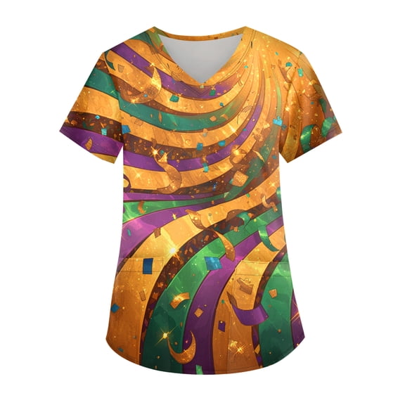 Mardi Gras Scrub Tops Women Plus Size Loose V Neck Funny Carnival Mask Printed Scrub Shirts Hoilday Short Sleeve Scrubs Medical Nurse Uniform Nursing Workwear with Pockets Gold 5XL