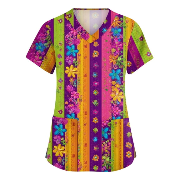 Mardi Gras Scrub Tops for Woman Carnival Sequins Short Sleeve Workwear Feathers Print V Neck Novelty Nursing Top with Pockets Hot Pink S