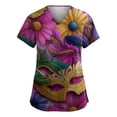 thumbnail image 1 of Mardi Gras Scrub Tops for Woman Mask Print Glitter Short Sleeve Nursing Top Feathers Print V Neck Green Workwear with Pockets Purple XL, 1 of 4