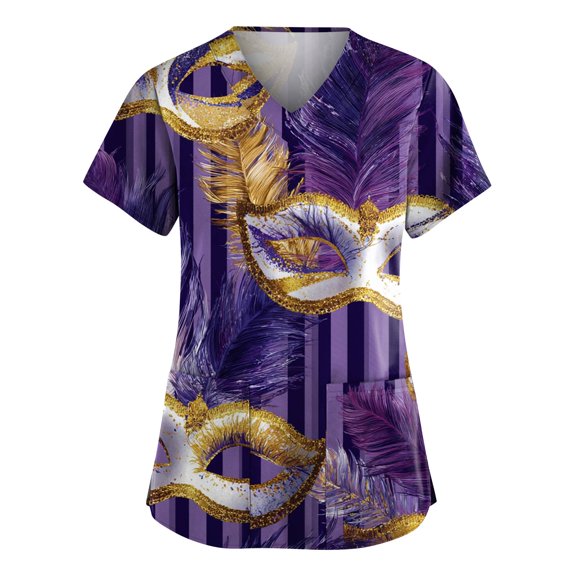 Mardi Gras Scrub Tops for Woman Sequins Carnival Short Sleeve Nurse Uniform Glitter V Neck Green Workwear with Pockets Multicolor XL