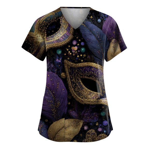Mardi Gras Scrub Tops for Woman Sparkly Glitter V Neck Nurse Uniform Carnival Short Sleeve Novelty Workwear with Pockets Dark Purple S