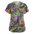 thumbnail image 1 of Mardi Gras Scrub Tops for Women Carnival Short Sleeve Sequins Scrubs Feathers Print Mask Print V Neck Green Uniform with Pockets Light Purple M, 1 of 5