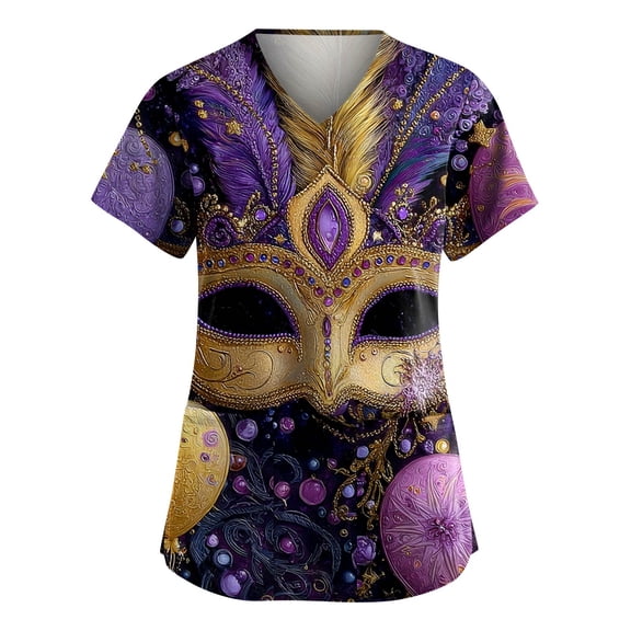Womens Mardi Gras Scrub Tops Sequins Short Sleeve Mask Print Scrubs Carnival Glitter V Neck Novelty Uniform with Pockets