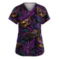 thumbnail image 1 of Mardi Gras Scrub Tops for Women Feathers Print Short Sleeve Sequins Scrubs Carnival Mask Print V Neck Green Uniform with Pockets Dark Purple M, 1 of 5