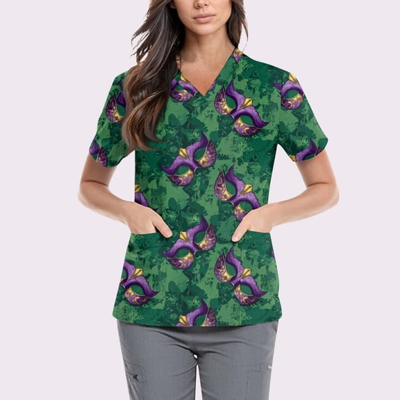 Mardi Gras Scrub Tops for Women Funny Mask Feather Printed V-Neck Medical Shirt Tops 2026 Mardi Gras New Medical Plus Size Scrub T Shirts