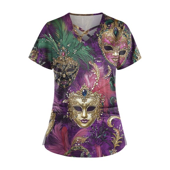 Mardi Gras Scrub Tops for Women Mask Print Short Sleeve Glitter Uniform Sparkly Sequins V Neck Party Scrubs with Pockets Light Purple L