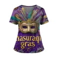 thumbnail image 1 of Mardi Gras Scrub Tops for Women Mask Print V Neck Carnival Scrubs Feathers Print Sparkly Short Sleeve Gold Uniform with Pockets Bronze XL, 1 of 4