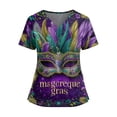 thumbnail image 1 of Mardi Gras Scrub Tops for Women Mask Print V Neck Glitter Scrubs Sequins Carnival Short Sleeve Nursing Uniform with Pockets Green S, 1 of 4