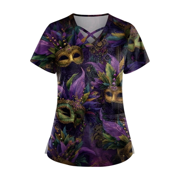 Mardi Gras Scrub Tops for Women Sparkly V Neck Sequins Scrubs Mask Print Feathers Print Short Sleeve Novelty Uniform with Pockets Dark Purple S