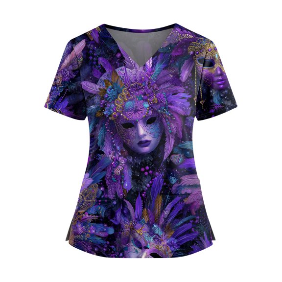 Mardi Gras Scrubs Top for Women Casual V Neck Funny Carnival Mask Printed Scrubs Hoilday Short Sleeve Scrub Shirts Medical Nurse Workwear Nursing Uniform with Pockets Dark Purple XL