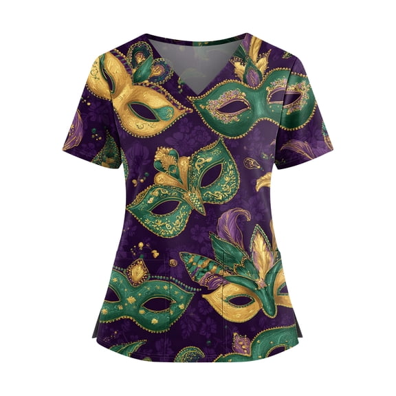 Mardi Gras Scrubs Top for Women Hoilday Short Sleeve Funny Carnival Mask Graphic Scrub Shirts Loose V Neck Scrubs Medical Nurse Uniform Nursing Workwear with Pockets Green XL