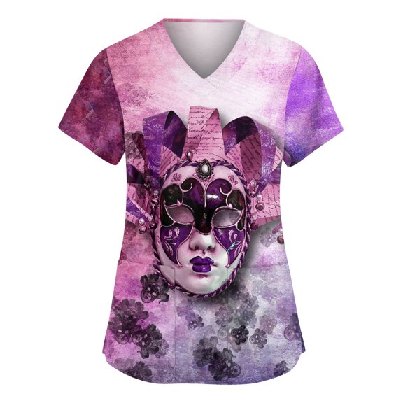 Mardi Gras Scrubs Top Women Hoilday Short Sleeve Funny Carnival Mask Printed Scrub Shirts Loose V Neck Scrubs Medical Nurse Workwear Nursing Uniform with Pockets Light Purple 2XL