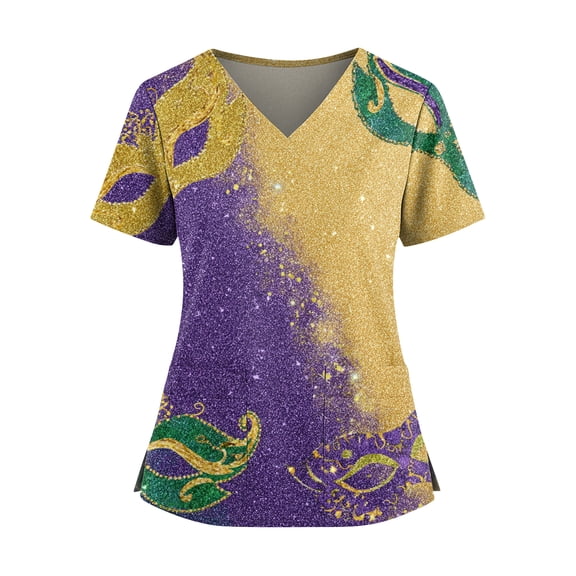 Mardi Gras Scrubs Top Women Hoilday Short Sleeve Funny Carnival Mask Printed Scrubs Loose V Neck Scrub Shirts Medical Nurse Uniform Nursing Workwear with Pockets Yellow L