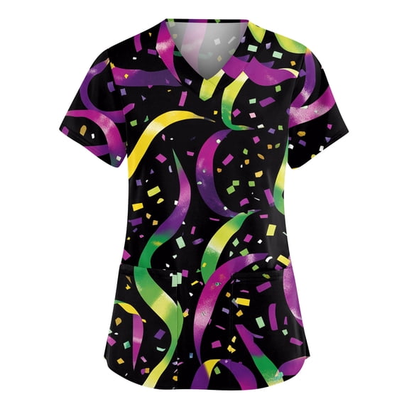 Mardi Gras Scrubs Top for Women Hoilday V Neck Funny Carnival Mask Graphic Scrub Shirts Loose Short Sleeve Scrubs Medical Nurse Uniform Nursing Workwear with Pockets Black 3XL