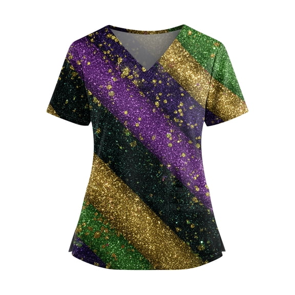 Mardi Gras Scrubs Top for Women Hoilday V Neck Funny Carnival Mask Graphic Scrub Shirts Loose Short Sleeve Scrubs Medical Nurse Workwear Nursing Uniform with Pockets Green 4XL