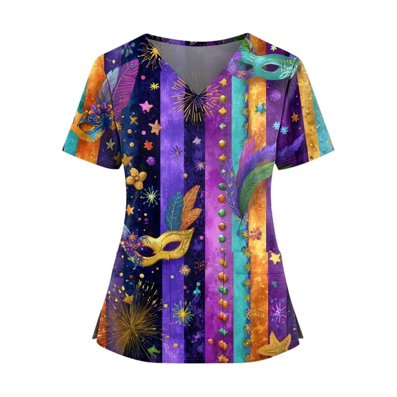 Mardi Gras Scrubs Top for Women Loose V Neck Funny Carnival Mask Printed Scrub Shirts Casual Short Sleeve Scrubs Medical Nurse Uniform Nursing Workwear with Pockets Dark Purple L