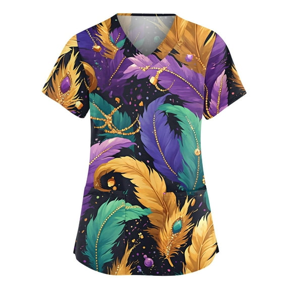 Mardi Gras Scrubs Top for Women Plus Size Casual Short Sleeve Funny Carnival Mask Graphic Scrubs Hoilday V Neck Scrub Shirts Nursing Workwear Medical Nurse Uniform with Pockets Dark Purple 5XL