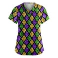 thumbnail image 1 of Mardi Gras Scrubs Top for Women Plus Size Casual Short Sleeve Funny Carnival Mask Printed Scrub Shirts Hoilday V Neck Scrubs Nursing Workwear Medical Nurse Uniform with Pockets Purple 2XL, 1 of 4