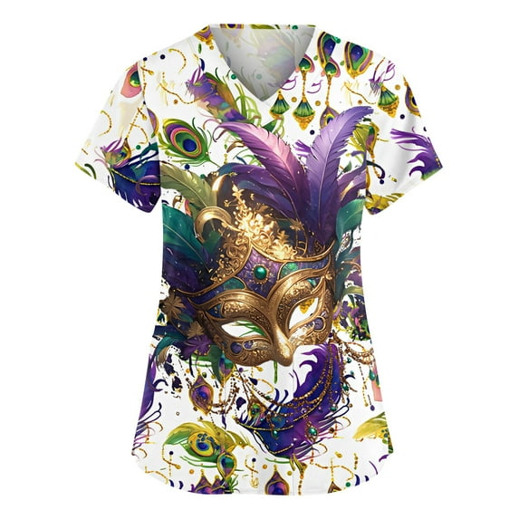 Mardi Gras Scrubs Top for Women Plus Size Hoilday Short Sleeve Funny Carnival Mask Graphic Scrubs Loose V Neck Scrub Shirts Medical Nurse Uniform Nursing Workwear with Pockets Light Purple 3XL