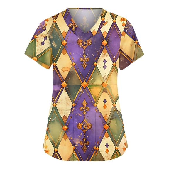 Mardi Gras Scrubs Top for Women Plus Size Hoilday V Neck Funny Carnival Mask Graphic Scrub Shirts Loose Short Sleeve Scrubs Medical Nurse Uniform Nursing Workwear with Pockets Orange L