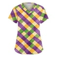 thumbnail image 1 of Mardi Gras Scrubs Top for Women Plus Size Loose Short Sleeve Funny Carnival Mask Graphic Scrub Shirts Casual V Neck Scrubs Nursing Workwear Medical Nurse Uniform with Pockets Yellow S, 1 of 4