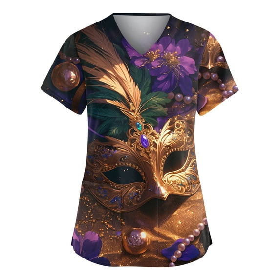 Mardi Gras Scrubs Top for Women Plus Size Loose Short Sleeve Funny Carnival Mask Printed Scrubs Hoilday V Neck Scrub Shirts Medical Nurse Workwear Nursing Uniform with Pockets Gold 5XL