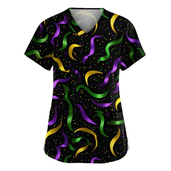 Mardi Gras Scrubs Top Women Plus Size Loose V Neck Funny Carnival Mask Printed Scrub Shirts Hoilday Short Sleeve Scrubs Nursing Workwear Medical Nurse Uniform with Pockets Black XL