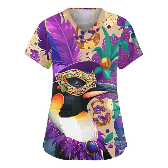 Mardi Gras Scrubs Tops for Women Funny Mask Feather Printed V-Neck Medical Shirt Tops Mardi Gras Nurse Uniforms Workwear Tops with Pockets