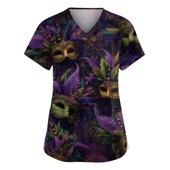 Mardi Gras Scrubs Tops for Women Stretchy Vneck Short Sleeve Glitter Mask Printed Shirts Mardi Gras Caregiver T Shirts