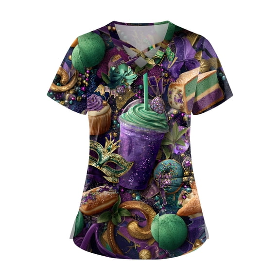 Mardi Gras Scrubs Tops for Women V Neck Short Sleeve Scrub Top Graphic Mask Print Medical Nurse Workwear Carnival Festival Parade Tee