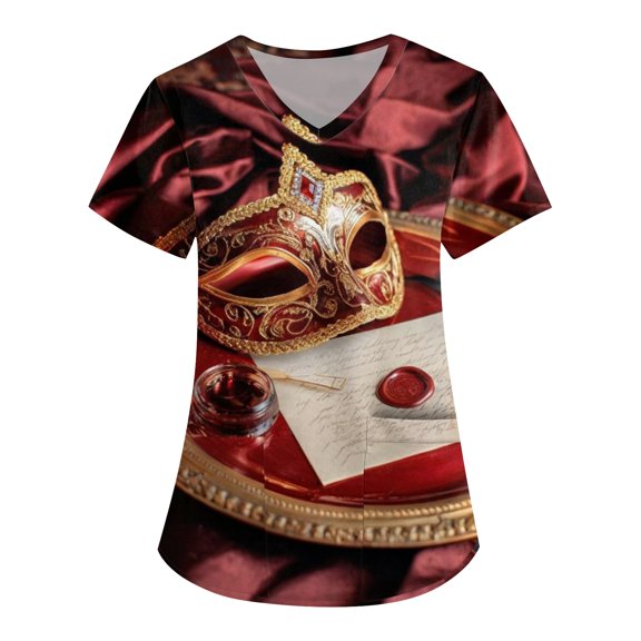 Mardi Gras Scrubs for Women Casual V Neck Funny Carnival Mask Graphic Scrub Tops Loose Short Sleeve Scrub Shirts Medical Nurse Uniform Nursing Workwear with Pockets Wine L