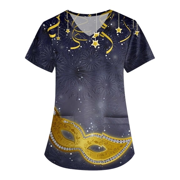 Mardi Gras Scrubs Women Hoilday Short Sleeve Funny Carnival Mask Graphic Scrub Shirts Loose V Neck Scrub Tops Nursing Uniform Medical Nurse Workwear with Pockets Silver L
