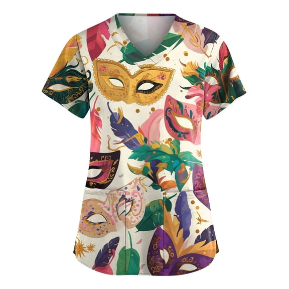Mardi Gras Scrubs Women Hoilday Short Sleeve Funny Carnival Mask Printed Scrub Tops Casual V Neck Scrub Shirts Medical Nurse Uniform Nursing Workwear with Pockets Pink XL