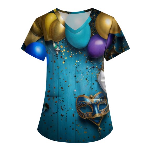 Mardi Gras Scrubs for Women Loose Short Sleeve Funny Carnival Mask Printed Scrub Tops Hoilday V Neck Scrub Shirts Nursing Workwear Medical Nurse Uniform with Pockets Blue L