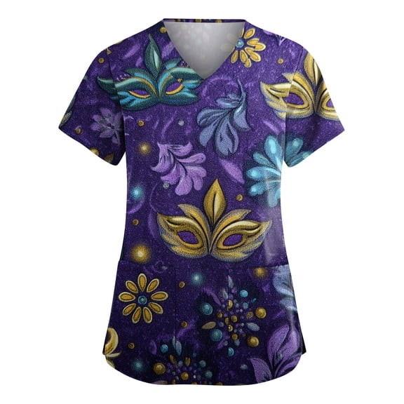 Mardi Gras Scrubs for Women Loose V Neck Funny Carnival Mask Printed Scrub Shirts Casual Short Sleeve Scrub Tops Nursing Workwear Medical Nurse Uniform with Pockets Dark Purple M