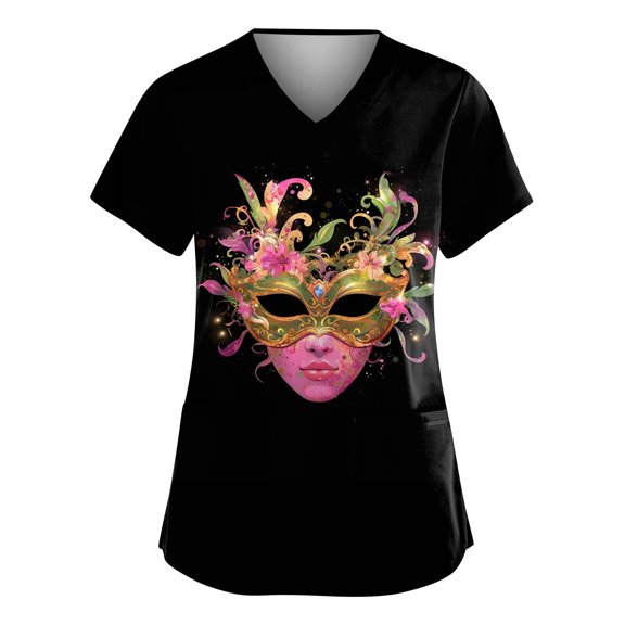 Mardi Gras Scrubs for Women Plus Size Casual Short Sleeve Funny Carnival Mask Printed Scrub Tops Loose V Neck Scrub Shirts Medical Nurse Workwear Nursing Uniform with Pockets Black 3XL
