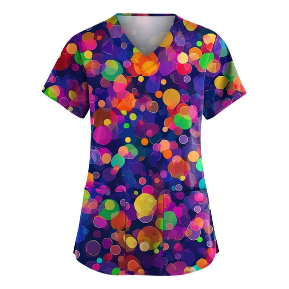 Mardi Gras Scrubs Women Plus Size Casual V Neck Funny Carnival Mask Printed Scrub Shirts Hoilday Short Sleeve Scrub Tops Medical Nurse Workwear Nursing Uniform with Pockets Multicolor 3XL