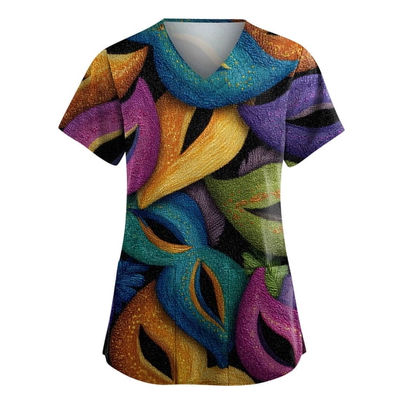 Mardi Gras Scrubs Women Plus Size Loose Short Sleeve Funny Carnival Mask Graphic Scrub Shirts Casual V Neck Scrub Tops Medical Nurse Workwear Nursing Uniform with Pockets Green XL