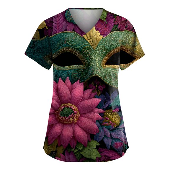 Mardi Gras Scrubs Women Plus Size Loose V Neck Funny Carnival Mask Printed Scrub Tops Casual Short Sleeve Scrub Shirts Nursing Uniform Medical Nurse Workwear with Pockets Hot Pink 3XL