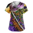 thumbnail image 1 of Mardi Gras Scrubs for Women Glitter Carnival Short Sleeve Workwear Feathers Print V Neck Holiday Nursing Top with Pockets Purple M, 1 of 4
