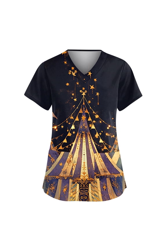 Mardi Gras Scrubs for Women Mask Print Glitter Short Sleeve Scrubs Sparkly V Neck Party Nursing Top with Pockets Gold 2XL