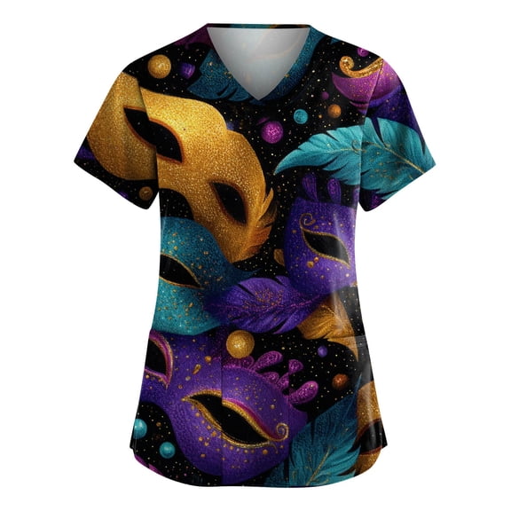 Mardi Gras Scrubs for Women Mask Print Sparkly V Neck Scrubs Carnival Short Sleeve Novelty Workwear with Pockets Gold L