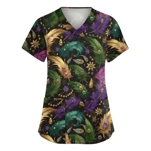 Mardi Gras Scrubs for Women Sequins Mask Print V Neck Nursing Top Glitter Short Sleeve Green Workwear with Pockets Gold S